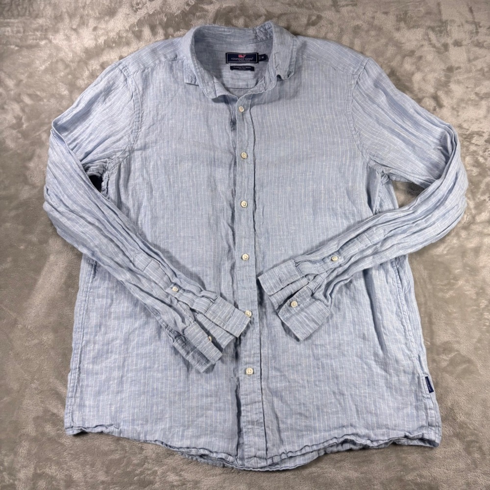 Vineyard Vines Mens Medium Classic Fit Linen Shirt Blue White Stripe Long Sleeve